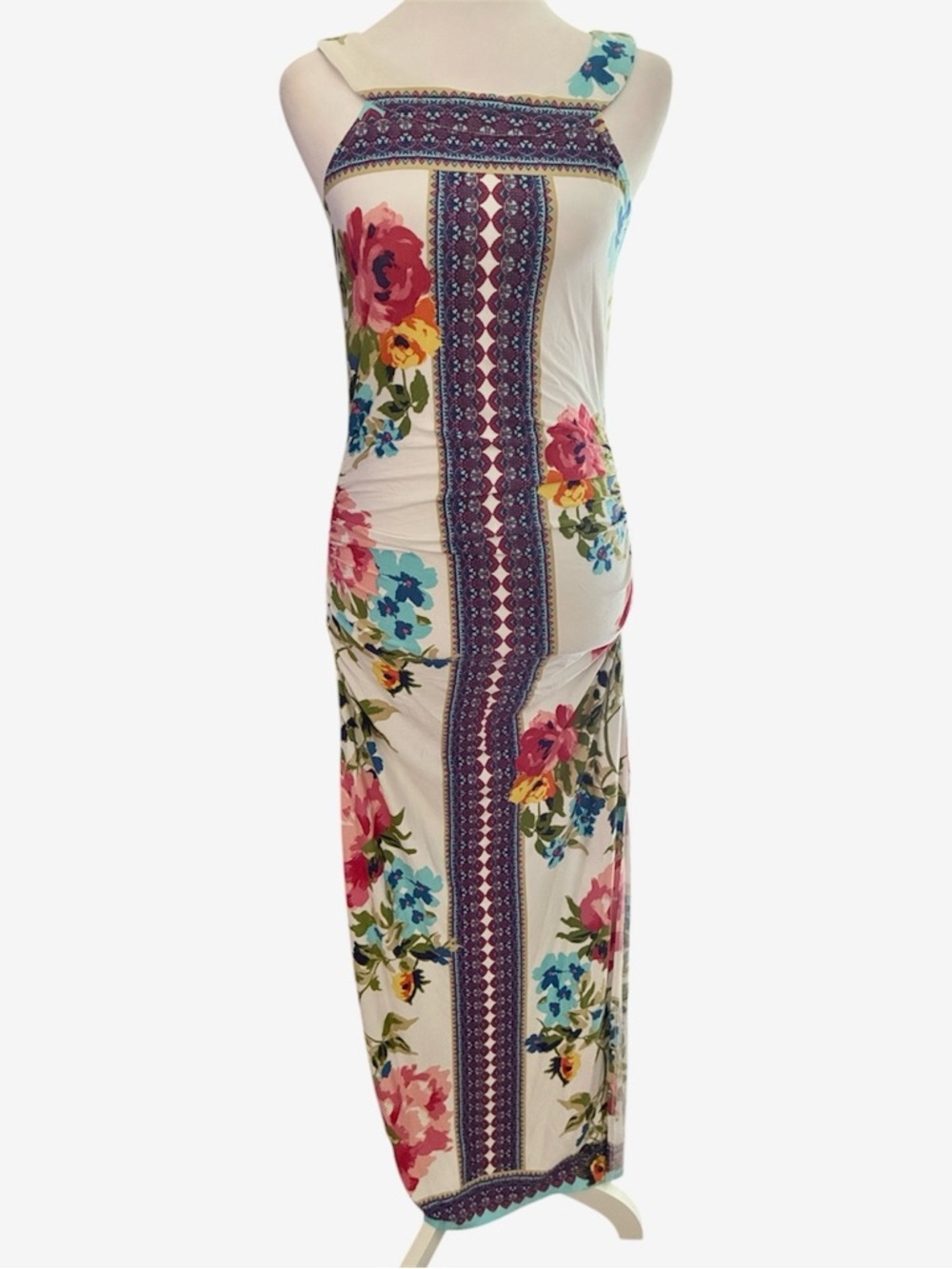 VENUS White Maxi Dress with Multicolor Floral & Navy Border size S